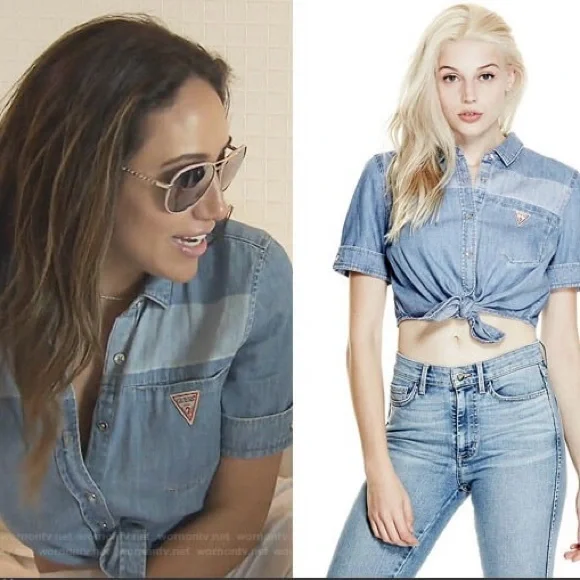 GUESS | Denim Cropped Tie-Front Shirt - Picture 2 of 7